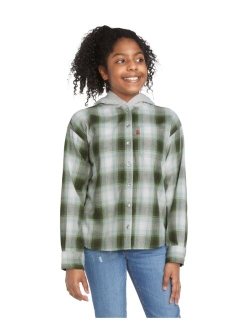 Big Girls Long Sleeve Button Up Woven Flannel Top with Hood