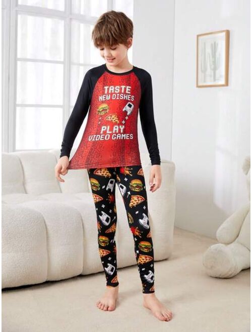 SHEIN Kids SHEIN Tween Boys' Slim Fit Casual Hamburger Print T-shirt And Long Pants Homewear Set