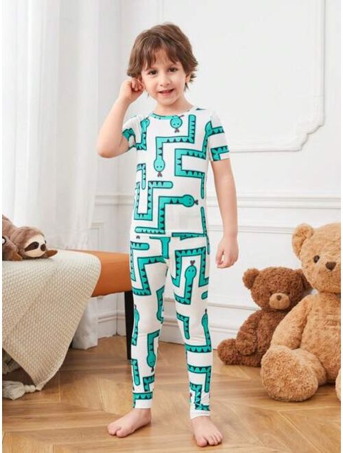 Shein Tween Boys' Simple And Cute Snake Print Short Sleeve T-Shirt And Long Pants Casual Two Piece, Tight-Fitting Home Clothing