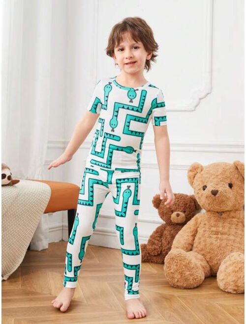 Shein Tween Boys' Simple And Cute Snake Print Short Sleeve T-Shirt And Long Pants Casual Two Piece, Tight-Fitting Home Clothing