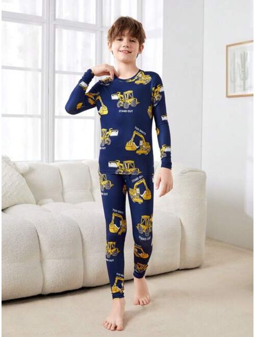 SHEIN Kids SHEIN Boys' Casual Tight-fit Excavator Pattern T-shirt And Long Pants Set, Home Wear