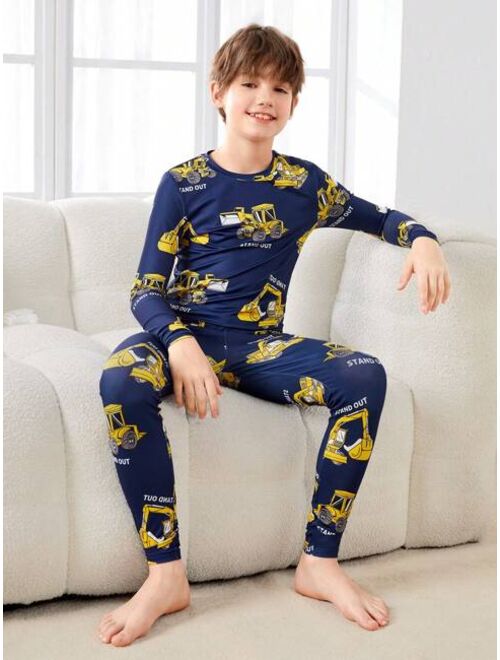 SHEIN Kids SHEIN Boys' Casual Tight-fit Excavator Pattern T-shirt And Long Pants Set, Home Wear
