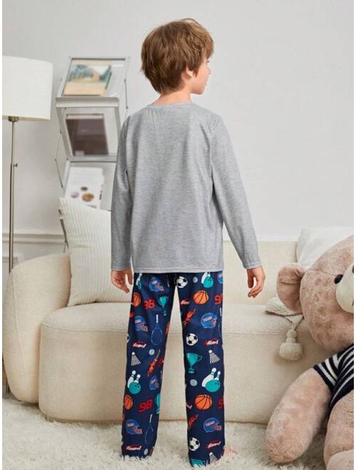 SHEIN Tween Boy Soccer & Slogan Graphic Tee & Pants PJ Set