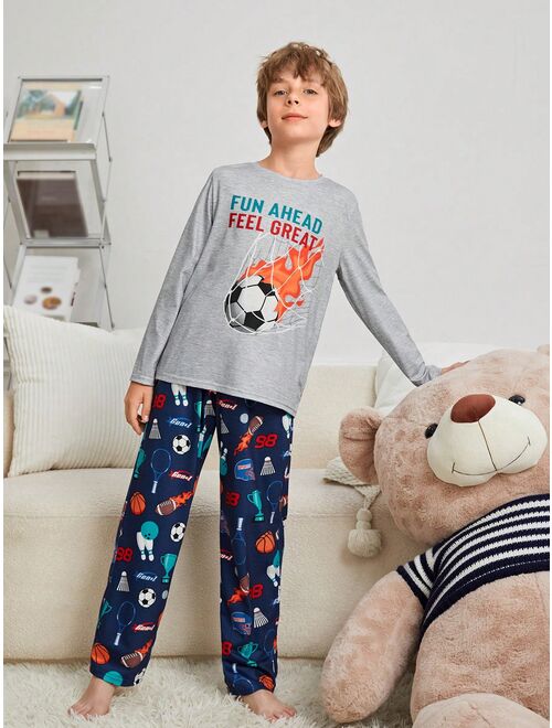 SHEIN Tween Boy Soccer & Slogan Graphic Tee & Pants PJ Set