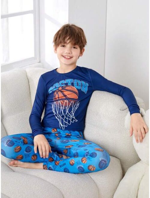 SHEIN Kids SHEIN Tween Boys' Bodycon Casual Round Neck Basketball Pattern T-shirt And Long Pants Homewear Set
