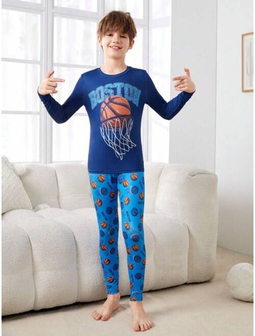 SHEIN Kids SHEIN Tween Boys' Bodycon Casual Round Neck Basketball Pattern T-shirt And Long Pants Homewear Set