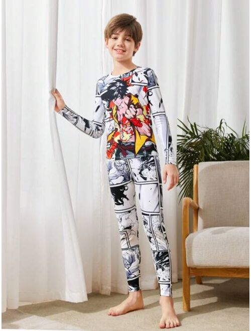 SHEIN 2pcs/Set Boys' Cartoon Printed Round Neck Long Sleeve T-Shirt And Tight Knitted Sleepwear Great For Winter