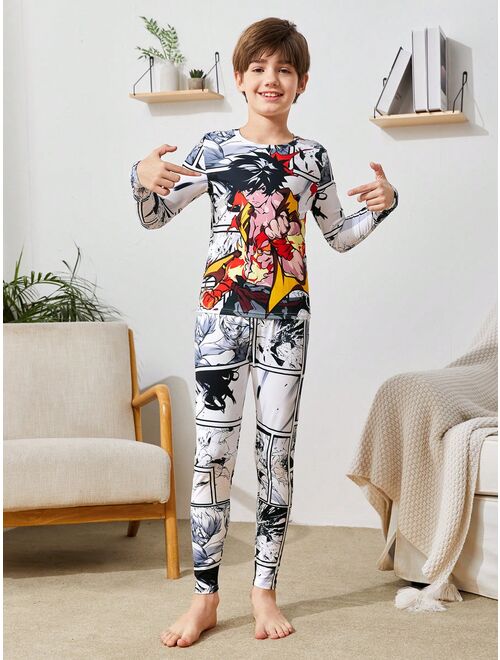 SHEIN 2pcs/Set Boys' Cartoon Printed Round Neck Long Sleeve T-Shirt And Tight Knitted Sleepwear Great For Winter
