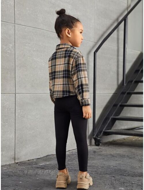 SHEIN Kids Cooltwn Young Girl Plaid Print Drop Shoulder Jacket & Jumpsuit Set