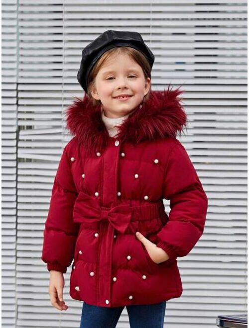 SHEIN Kids SHEIN Toddler Girls' Loose Casual Mid-length Coat With Detachable Fur Collar & Pearl Decoration, Hooded