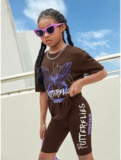 SHEIN Kids Cooltwn Tween Girl Letter & Butterfly Print Drop Shoulder Tee & Biker Shorts