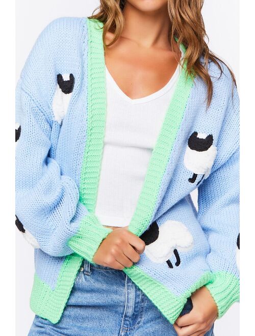 Forever 21 Sheep Embroidered Cardigan Sweater Light Blue/Multi