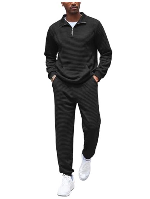 COOFANDY Men's Tracksuit 2 Piece Quarter Zip Sweatsuit Workout Plaid Jacquard Jogging Suit Set