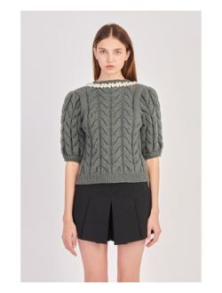 Women's Pearl Trim Cable Knit Top