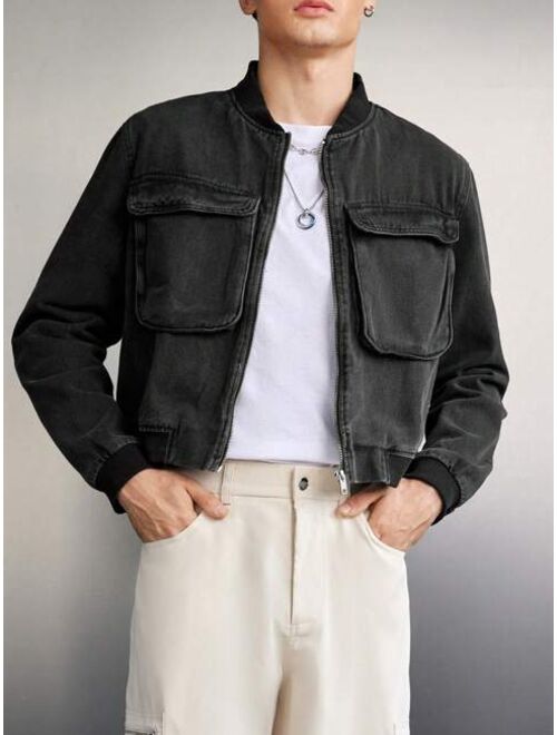 Manfinity Unisex Men's Loose Fit Cargo Zipper Denim Jacket With Pockets