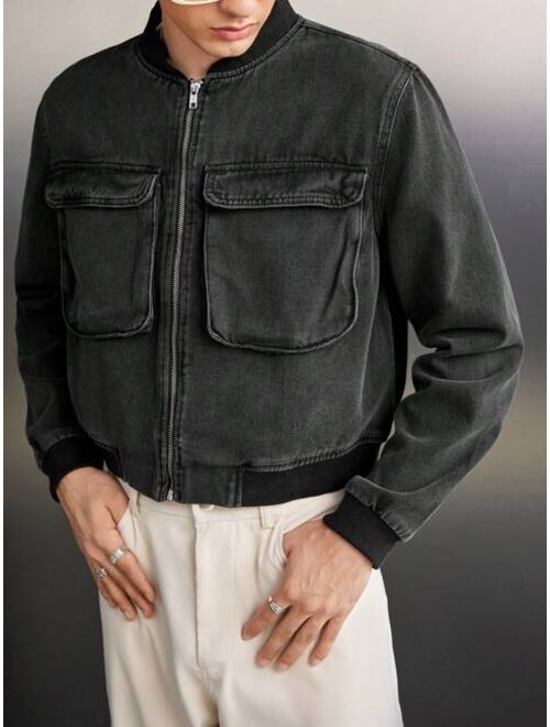 Manfinity Unisex Men's Loose Fit Cargo Zipper Denim Jacket With Pockets