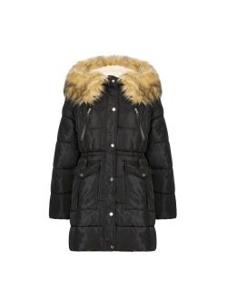 Girl's Faux Fur Trim Warm Winter Parka Coat with Cinch Waist, Kids