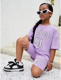 SHEIN Kids Cooltwn Tween Girl Letter Graphic Drop Shoulder Tee & Biker Shorts