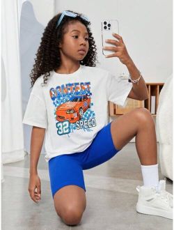 SHEIN Kids Cooltwn Tween Girl Car & Letter Graphic Drop Shoulder Tee & Biker Shorts