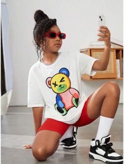 SHEIN Kids Cooltwn Tween Girl Bear Print Drop Shoulder Tee & Biker Shorts