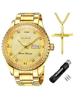 Diamond Watches for Men,Business Dress Watch Waterproof Luminous,Male Golden Big Dial Luxury Casual Quartz Analog Watches with Day Date Calendar and Stainless Steel