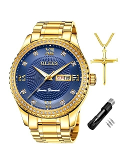 Diamond Watches for Men,Business Dress Watch Waterproof Luminous,Male Golden Big Dial Luxury Casual Quartz Analog Watches with Day Date Calendar and Stainless Steel