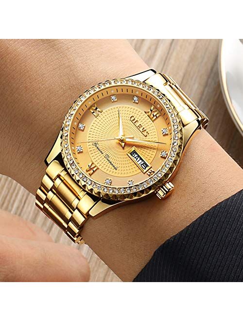 OLEVS Diamond Watches for Men,Business Dress Watch Waterproof Luminous,Male Golden Big Dial Luxury Casual Quartz Analog Watches with Day Date Calendar and Stainless Steel