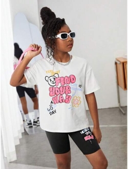 SHEIN Kids Cooltwn Tween Girl Slogan Graphic Drop Shoulder Tee & Biker Shorts