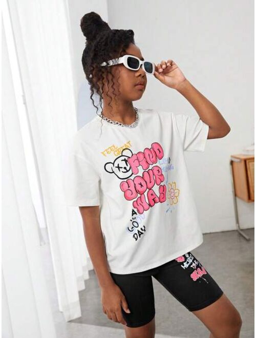 SHEIN Kids Cooltwn Tween Girl Slogan Graphic Drop Shoulder Tee & Biker Shorts