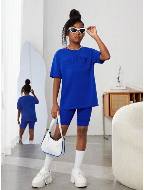 SHEIN Kids Cooltwn Tween Girl Letter Pattern Drop Shoulder Tee & Biker Shorts