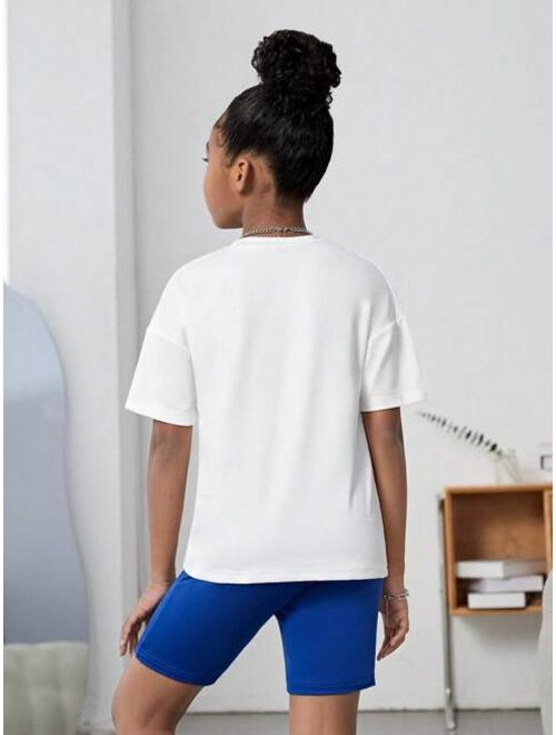 SHEIN Kids EVRYDAY Tween Girl Blue & White Letter Print Casual Sports Two Piece Set With Round Neck And Batwing Sleeves For Summer