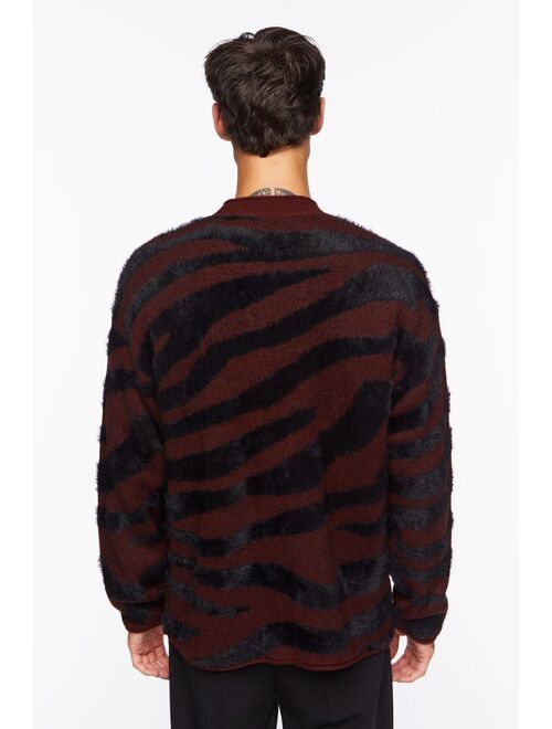 Forever 21 Plush Zebra Print Cardigan Sweater Brown/Black