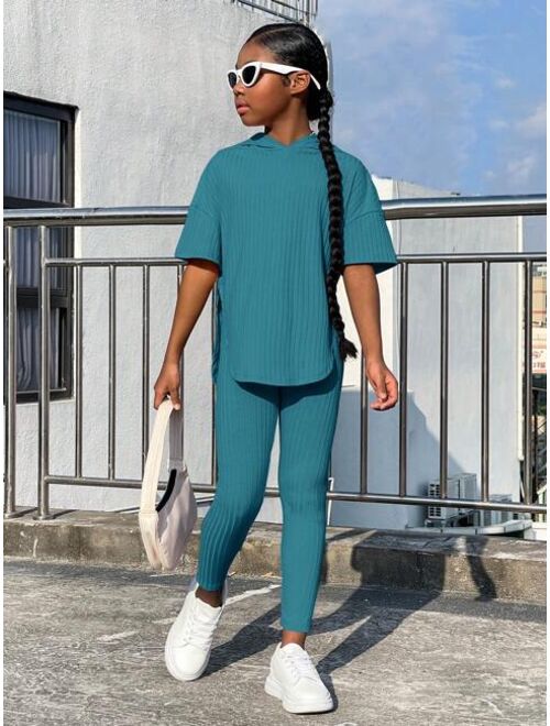 SHEIN Kids Cooltwn Girls Split Hem Hooded Tee & Leggings