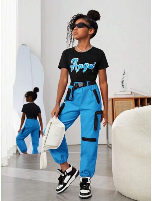 SHEIN Kids Cooltwn Tween Girl Letter Graphic Tee & Buckle Detail Pants