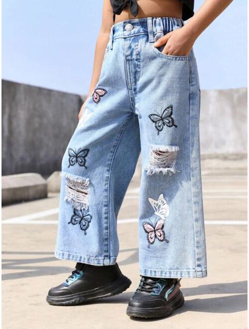 Shein Toddler Girls' Vintage Ripped Butterfly Printed Loose & Comfortable Denim Flare Pants