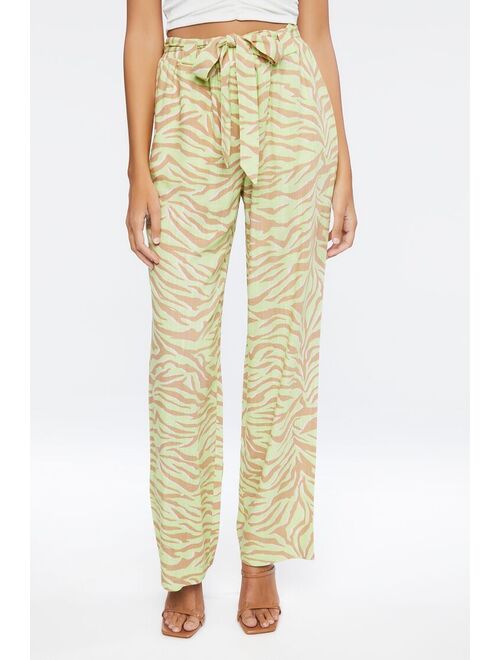 Forever 21 Belted Zebra Print High Rise Pants Green/Taupe