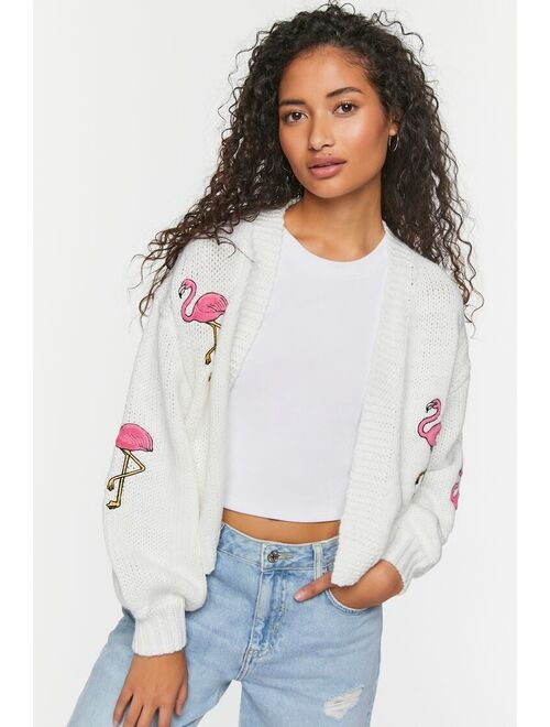 Forever 21 Flamingo Embroidered Cardigan Sweater Vanilla/Multi
