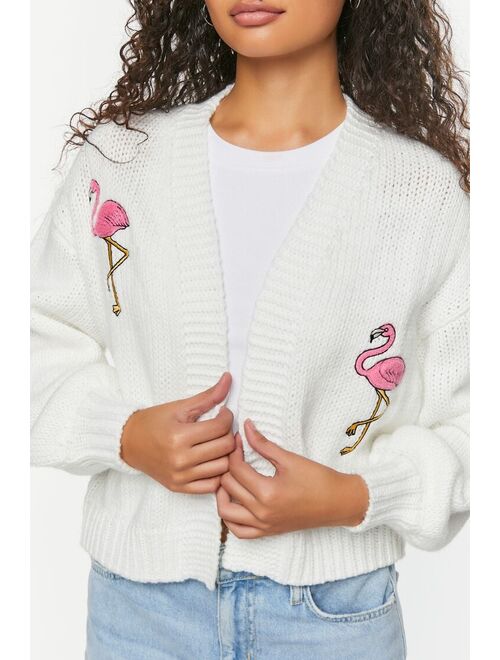 Forever 21 Flamingo Embroidered Cardigan Sweater Vanilla/Multi