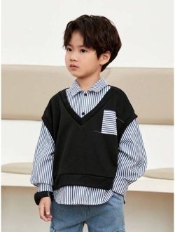 SHEIN Kids SHEIN Young Boys' Casual Striped Color Block Long Sleeve Faux Two-Piece Shirt With College Style