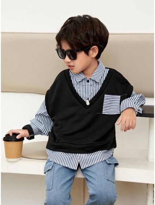 SHEIN Kids SHEIN Young Boys' Casual Striped Color Block Long Sleeve Faux Two-Piece Shirt With College Style