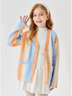 Haloumoning Girls Oversized Color Block Cardigan Sweaters 4-14 Years