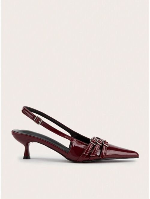 meipinfang Wine Red Pointed Toe Patent Leather Heels With Metal Buckle Strap For Wedding And Party