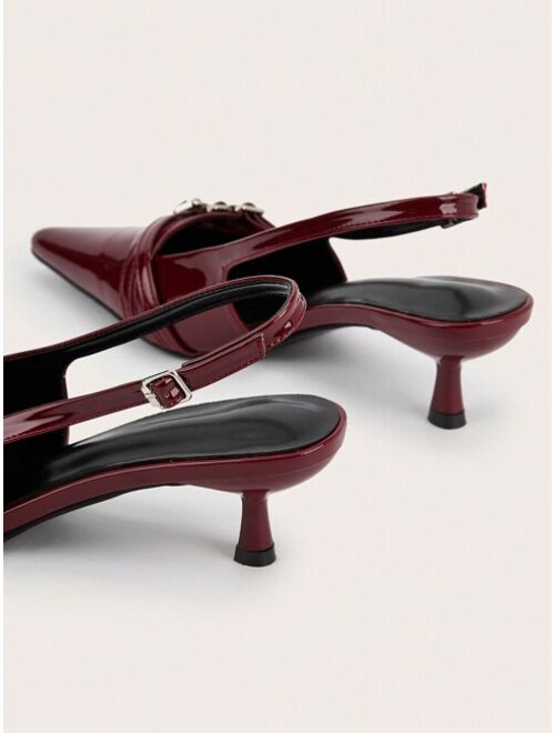 meipinfang Wine Red Pointed Toe Patent Leather Heels With Metal Buckle Strap For Wedding And Party