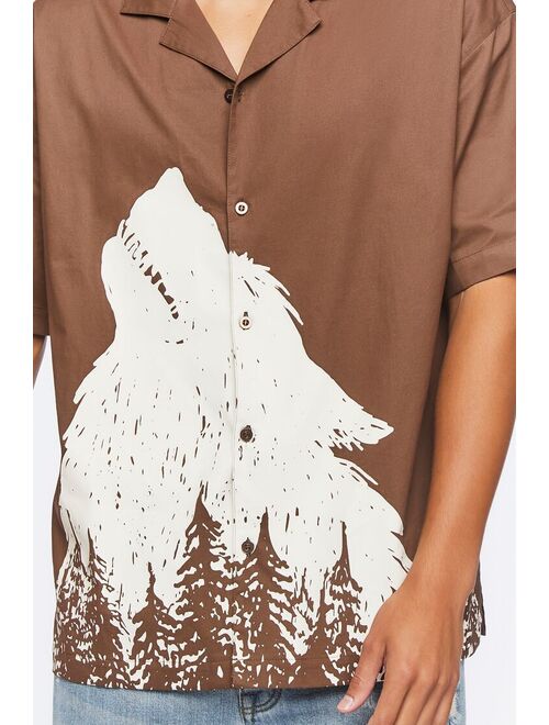 Forever 21 Twill Wolf Graphic Button Front Shirt Brown/Cream