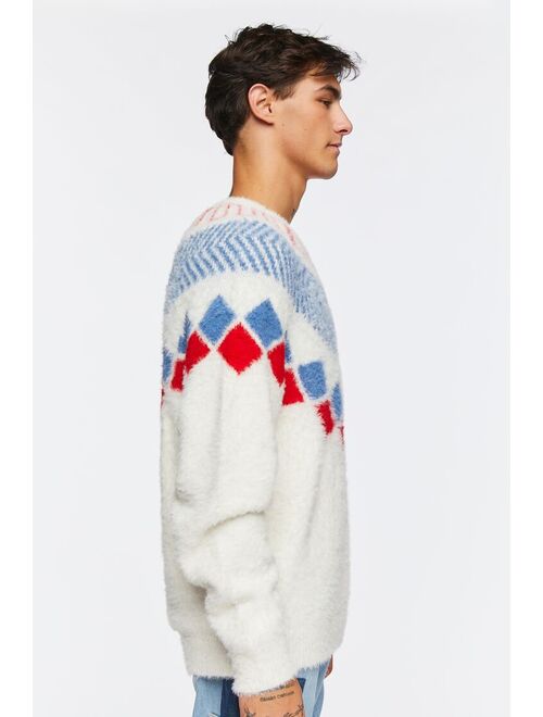 Forever 21 Fuzzy Knit Geo Pattern Sweater Cream/Multi