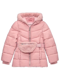 Girls Puffer Jacket, Laminated Bubble Kids Coat with Fur Hoodie