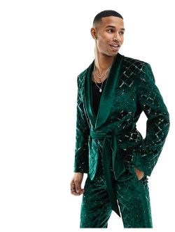 skinny diamond sequin suit jacket in dark green