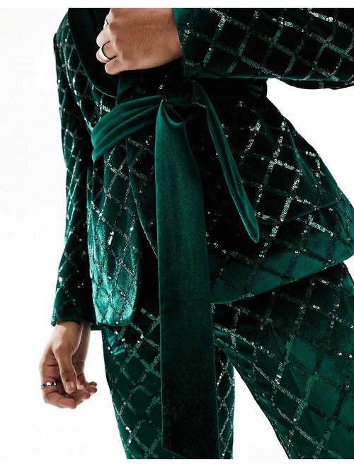 ASOS DESIGN skinny diamond sequin suit jacket in dark green