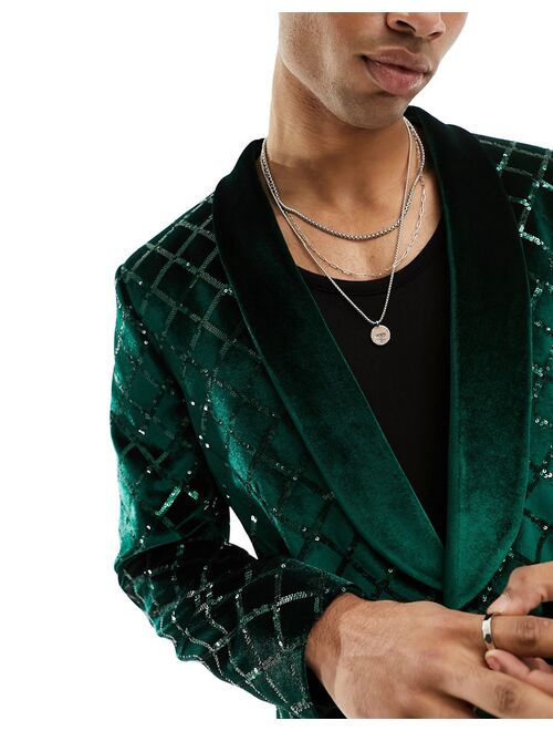 ASOS DESIGN skinny diamond sequin suit jacket in dark green