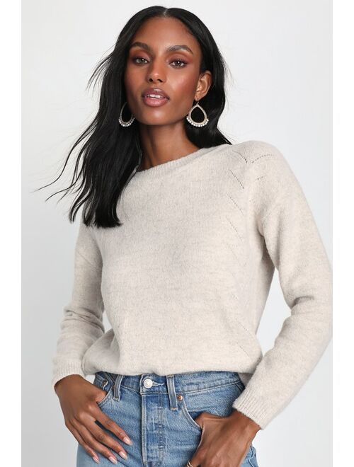 Lulus Casually Cuddly Heather Ivory Pointelle Pullover Sweater